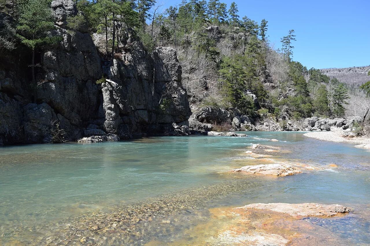 Clear Little Missouri River water and rocky Ouachita Mountain terrain