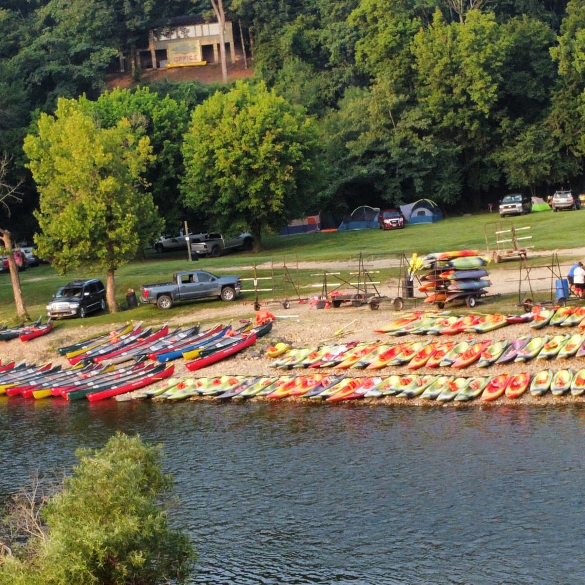 Canoes lined up along the Caddo River in Glenwood Arkansas